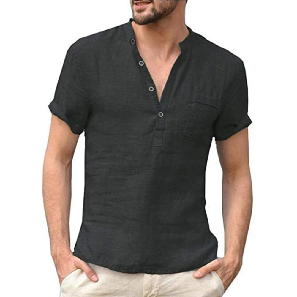 T-Shirt Homme Coton & Lin – Manches Courtes, Col Rond, Léger & Respirant