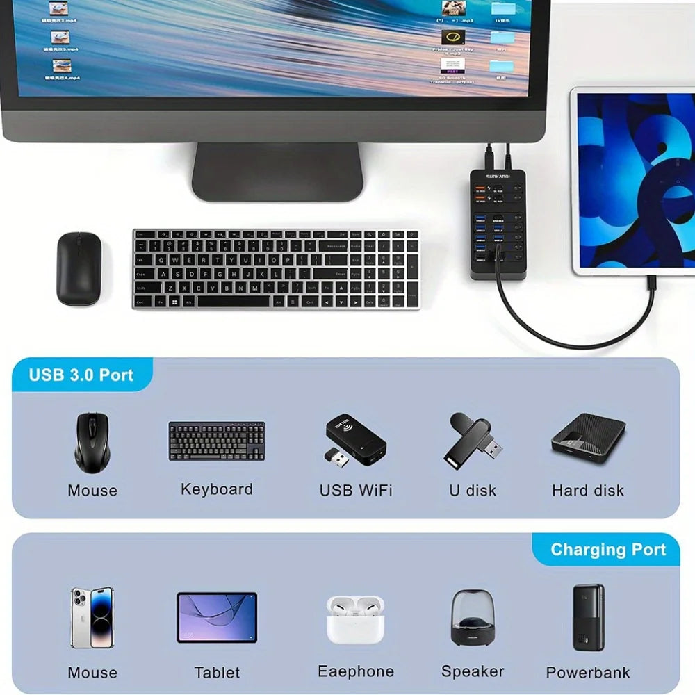 Hub USB Alimenté SUNKANDI 14-en-1 LED ON/OFF USB 3.0 2.0 Charge A/C Noir – CLEVI Paris