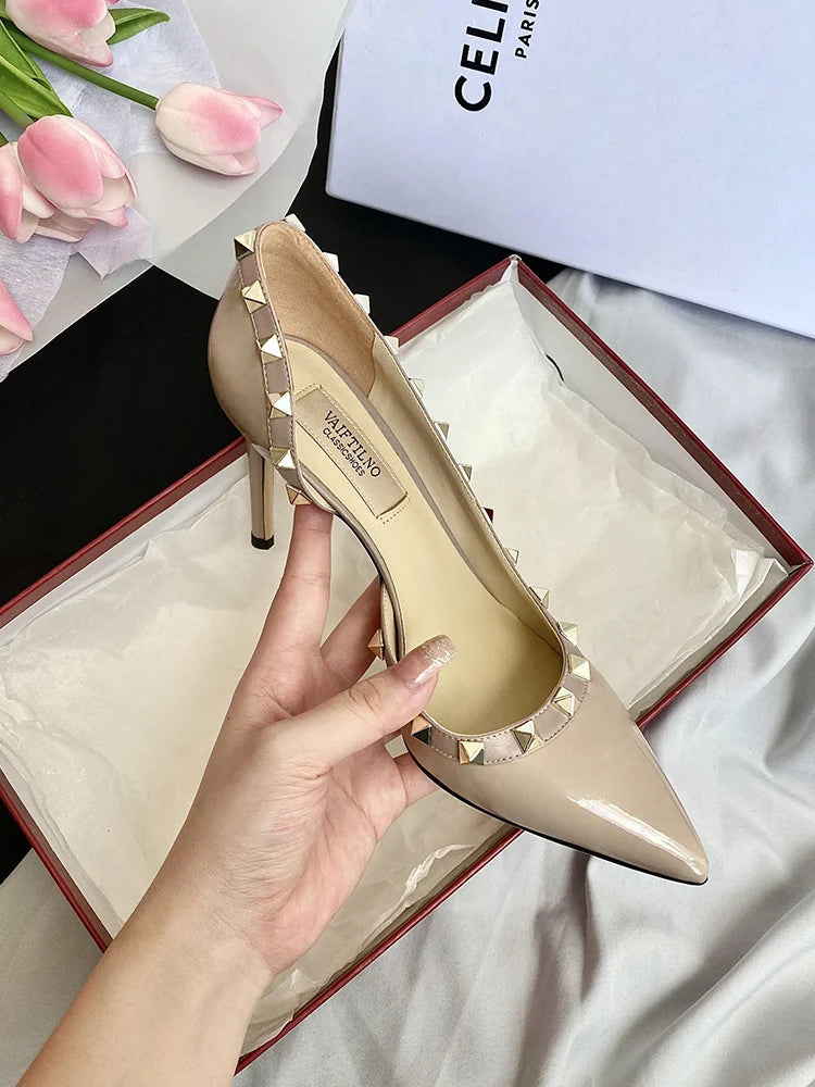 Escarpins Femme Talons Aiguilles Cuir Verni Rivets – CLEVI Paris
