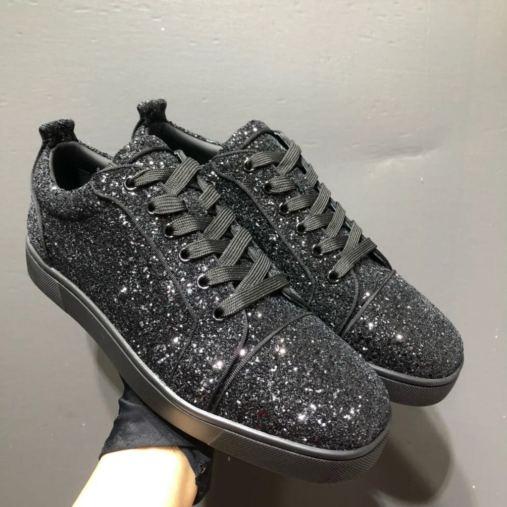 Sneakers Basses Luxe Homme Cuir Glitter Noir Semelle Rouge – CLEVI Paris