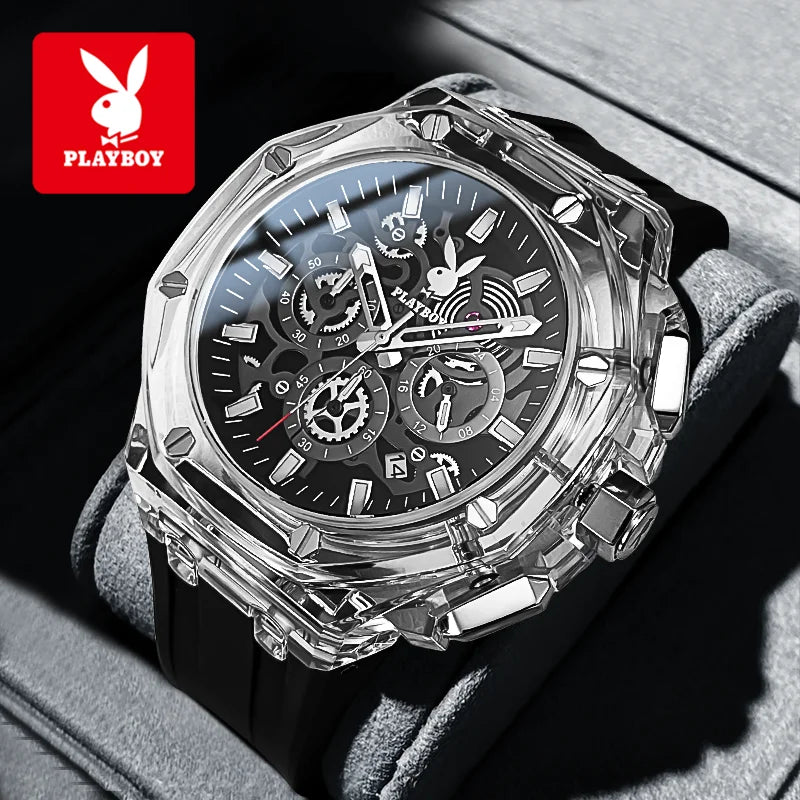 Montre Homme PLAYBOY 3082 – Squelette Quartz, Chronographe, Bracelet Silicone, Étanche 3 ATM – CLEVI Paris