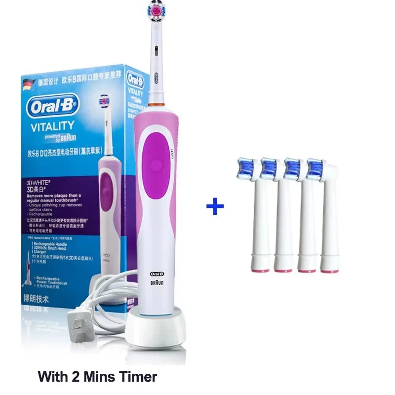 Brosse à Dents Électrique Oral-B D12 – Vibration Rotatoire 2D, IPX7, Minuterie 2 min – 4 Têtes Offertes