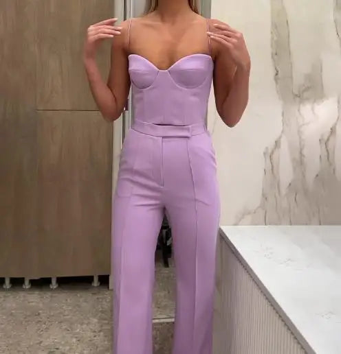 Ensemble 3 Pièces Femme – Top Bretelles + Pantalon Taille Haute + Blazer | Bureau & Casual | Turquoise, Violet | S-XXL