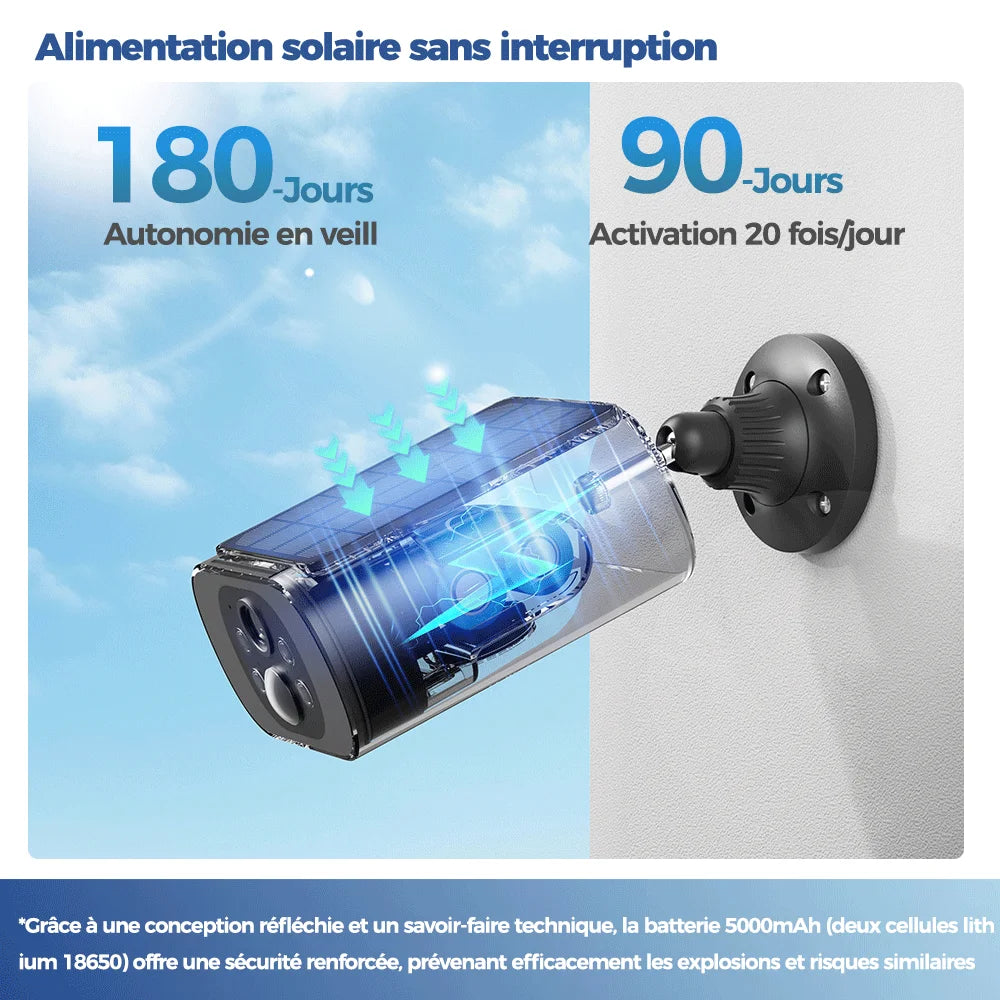 Caméra Surveillance Solaire 2.5K WiFi ALEVIO – IP67, Vision Nocturne Couleur, Détection IA, Alexa
