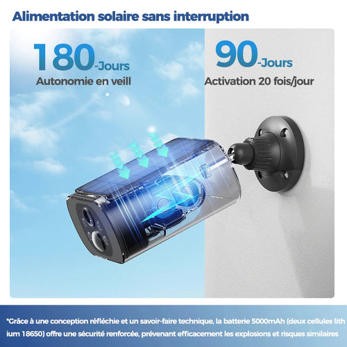 Caméra Surveillance Solaire 2.5K WiFi ALEVIO – IP67, Vision Nocturne Couleur, Détection IA, Alexa