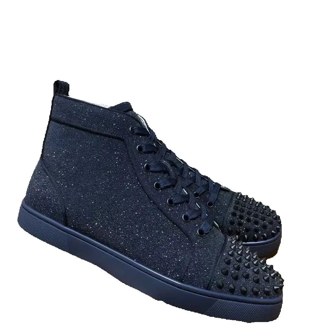Sneakers Montantes Cuir Véritable Bleu Encre Rivets Noirs Semelle Rouge Homme – Tailles 35-48 – CLEVI Paris