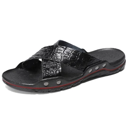 Fashion New Men's Crocodile Embossed Leather Slippers Casual Sandals For Men Summer Open Toe Beach Garden Shoes Flip Flops
