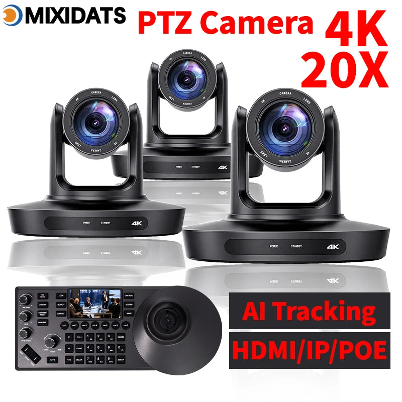 Kit Caméra PTZ 4K MIXIDATS – Zoom 20x, NDI, PoE & Clavier de Contrôle – CLEVI Paris