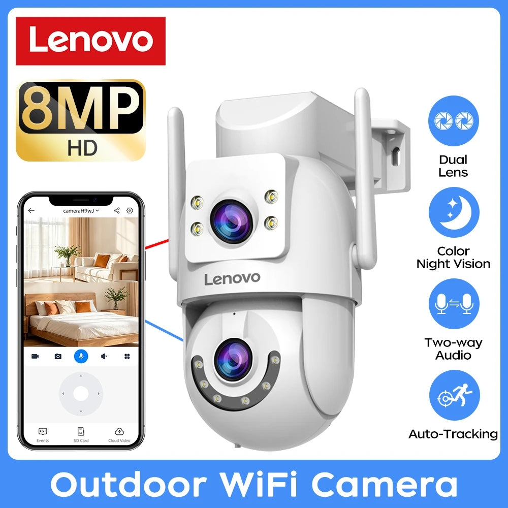 Caméra de Surveillance Extérieure Lenovo Double Objectif PTZ 4K – WiFi Dual-Band Suivi Auto ONVIF – CLEVI Paris