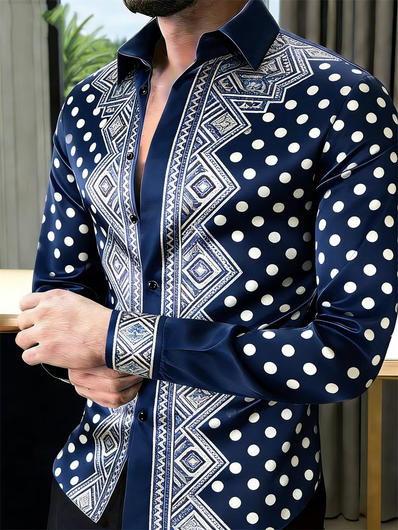 Chemise Homme Manches Longues – Imprimé 3D Luxe & Pois Dorés