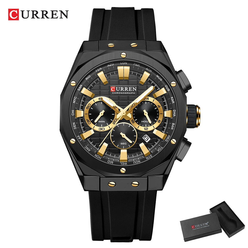 Montre Quartz Homme CURREN 8464 – Chronographe Lumineux, Silicone & Écrin | 10 Coloris