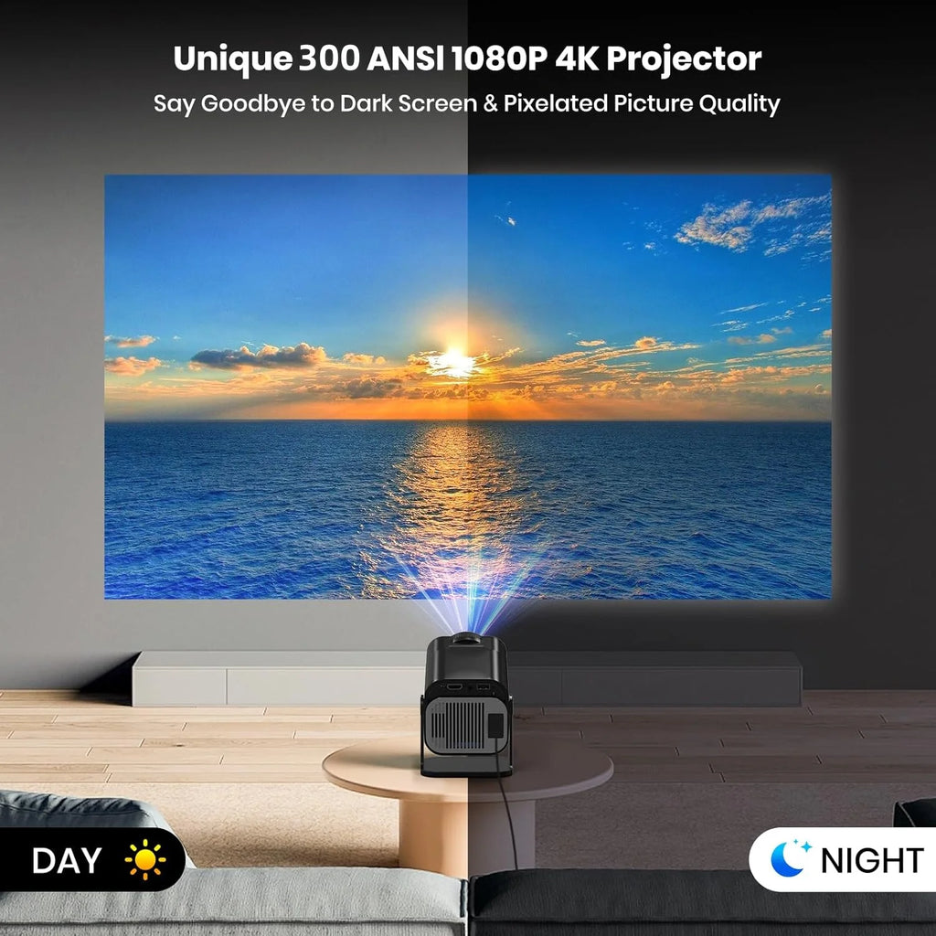 Projecteur Portable HY320 1080P 4K 300 ANSI WiFi 6 BT 5.2 Correction Auto Support 180° – CLEVI Paris