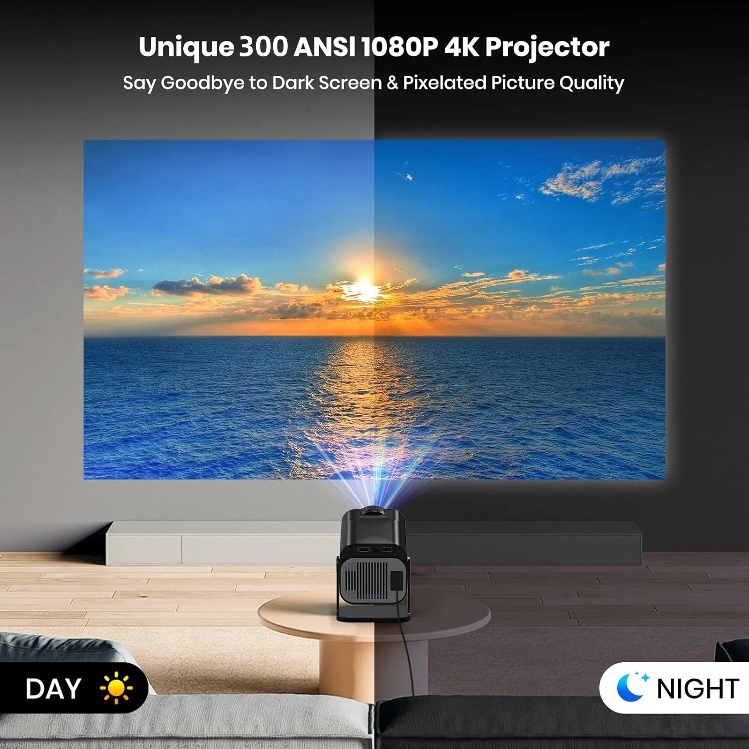 Projecteur Portable HY320 1080P 4K 300 ANSI WiFi 6 BT 5.2 Correction Auto Support 180° – CLEVI Paris