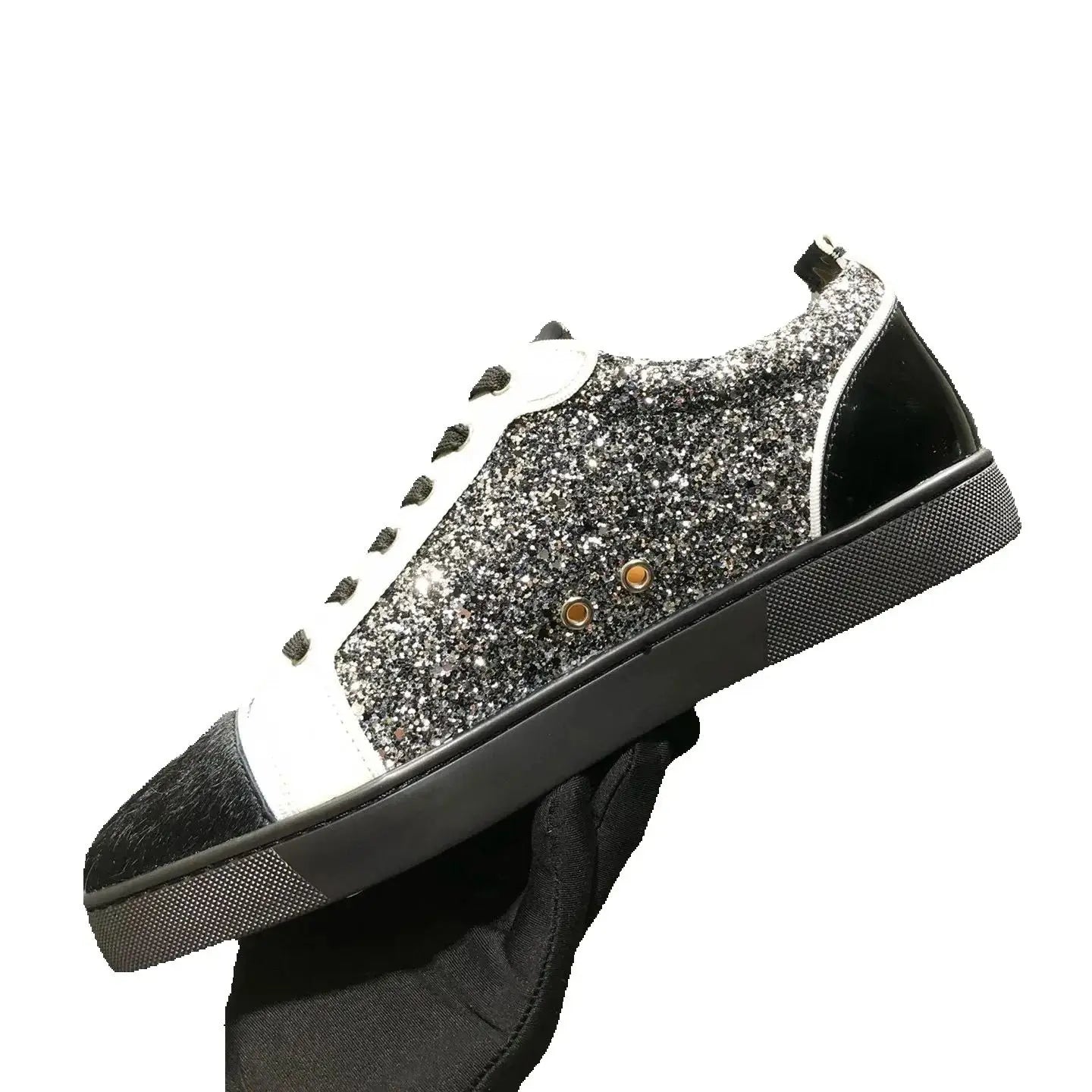Sneakers Basses Cuir Véritable Noir Brillant Rivets Semelle Rouge Homme – Tailles 35-48 – CLEVI Paris