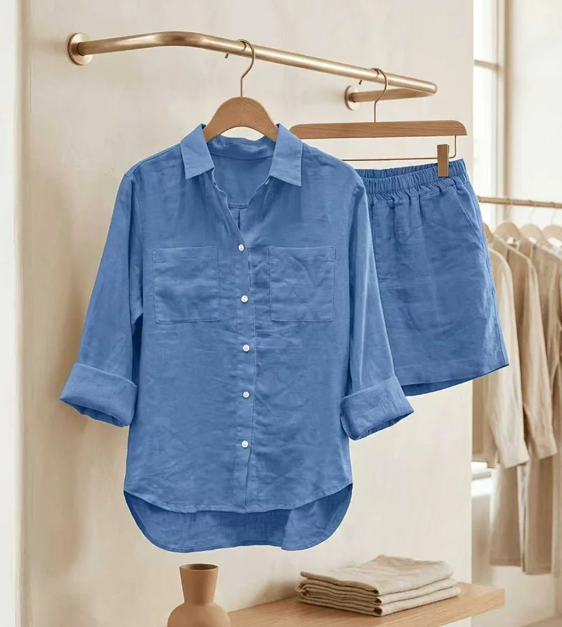 Ensemble 2 Pièces Femme Chemise Manches Longues + Short Coton Lin Casual Homewear – CLEVI Paris