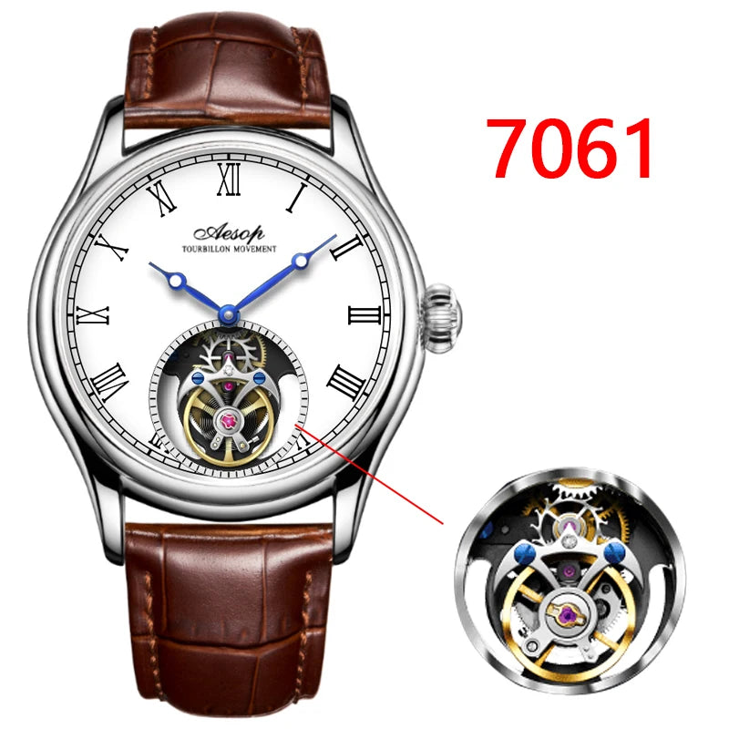Montre AESOP Tourbillon Volant – Mécanique Squelette Double Face, Verre Saphir, Acier Inoxydable, Cuir, Étanche 5 ATM – CLEVI Paris