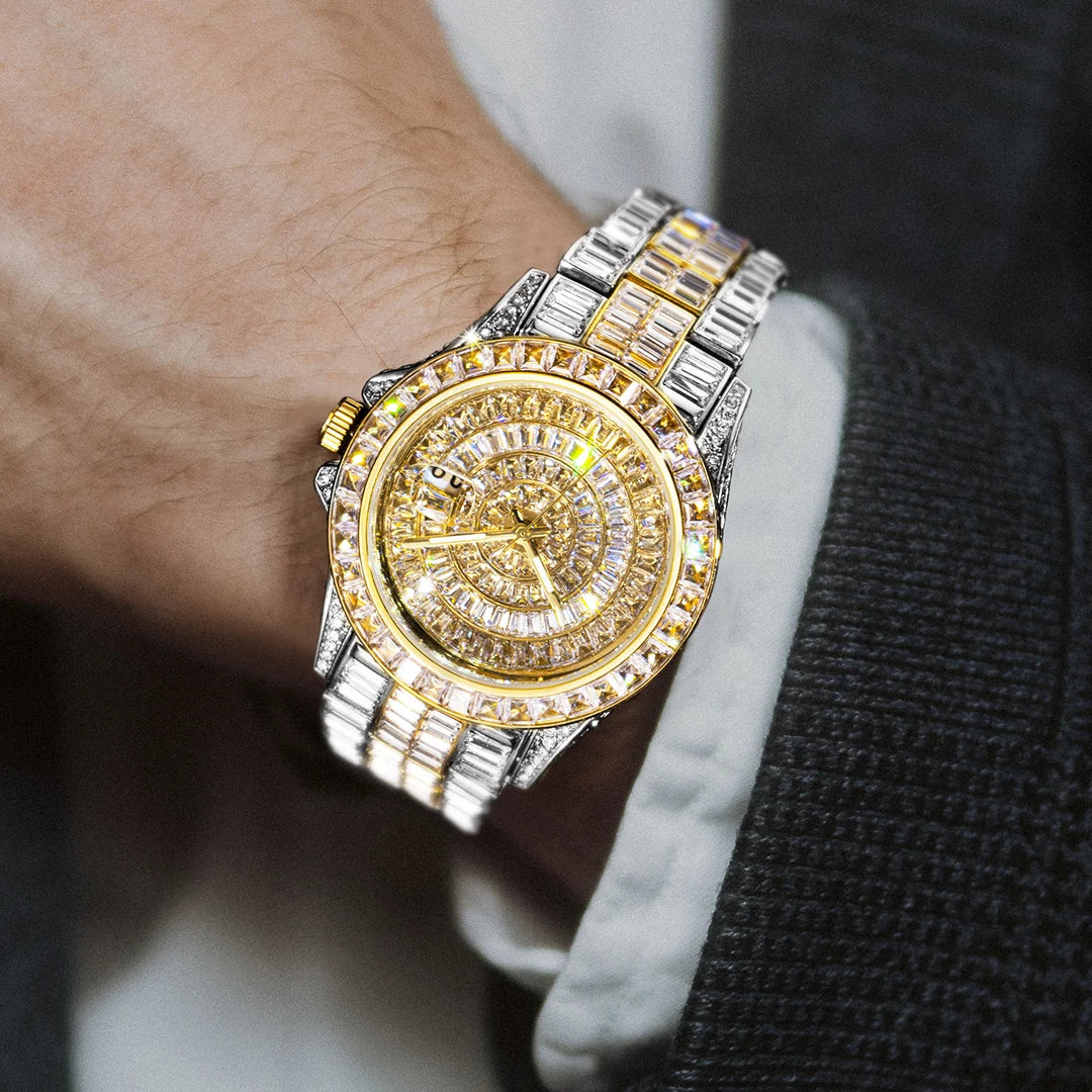 MISSFOX Montre Quartz Homme Iced Out Diamond Hip Hop Acier Saphir Plaqué Or 18K – CLEVI Paris