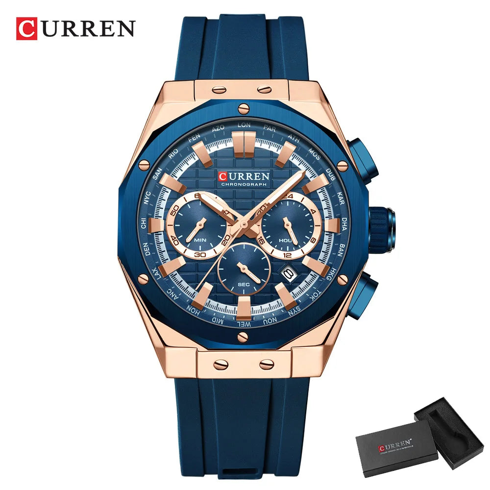 Montre Quartz Homme CURREN 8464 – Chronographe Lumineux, Silicone & Écrin | 10 Coloris