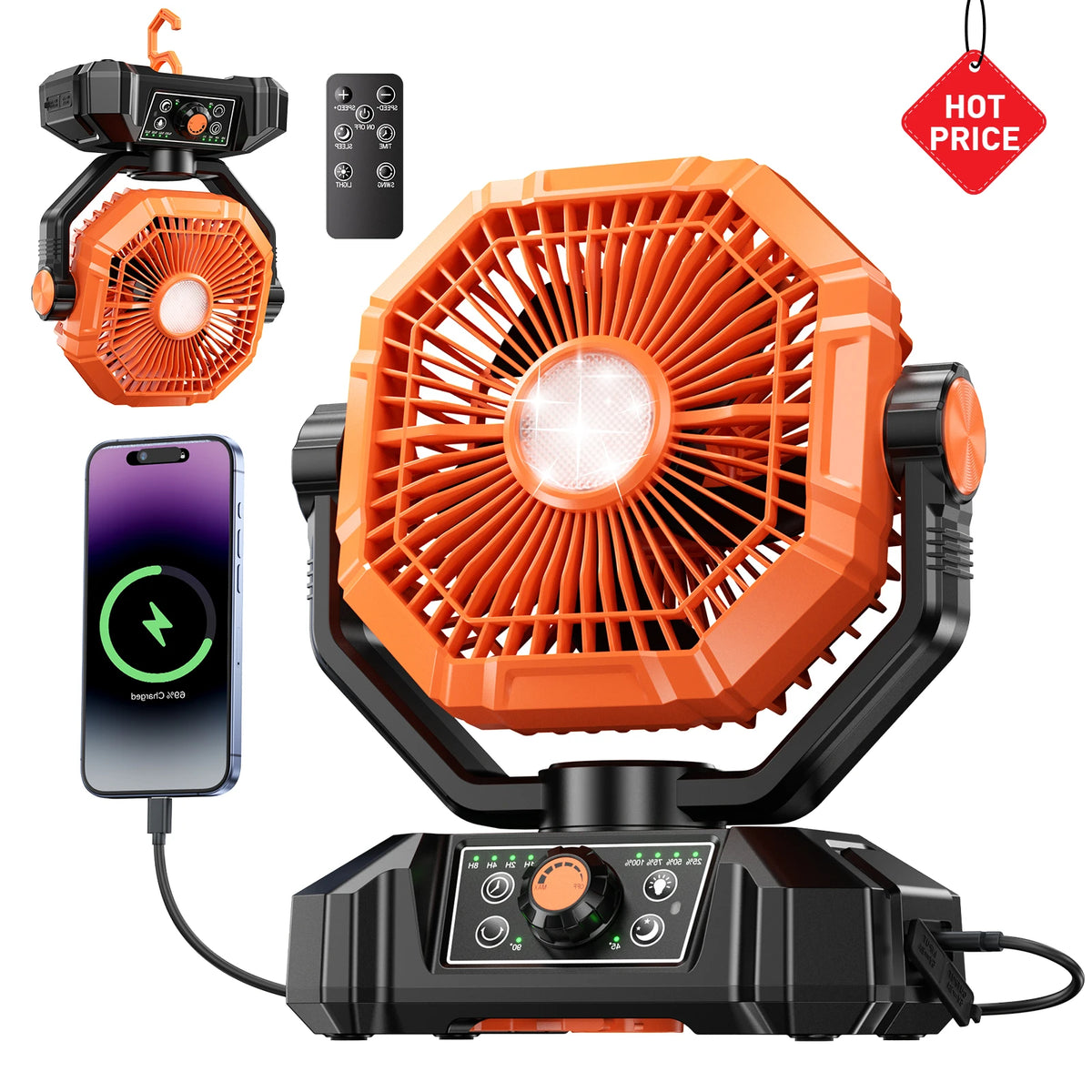 Ventilateur de camping 20000 mAh, LED, télécommande – CLEVI Paris