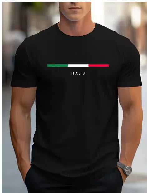 T-Shirt Homme Imprimé Italia 100% Coton – Loose Fit, Col Rond, Manches Courtes