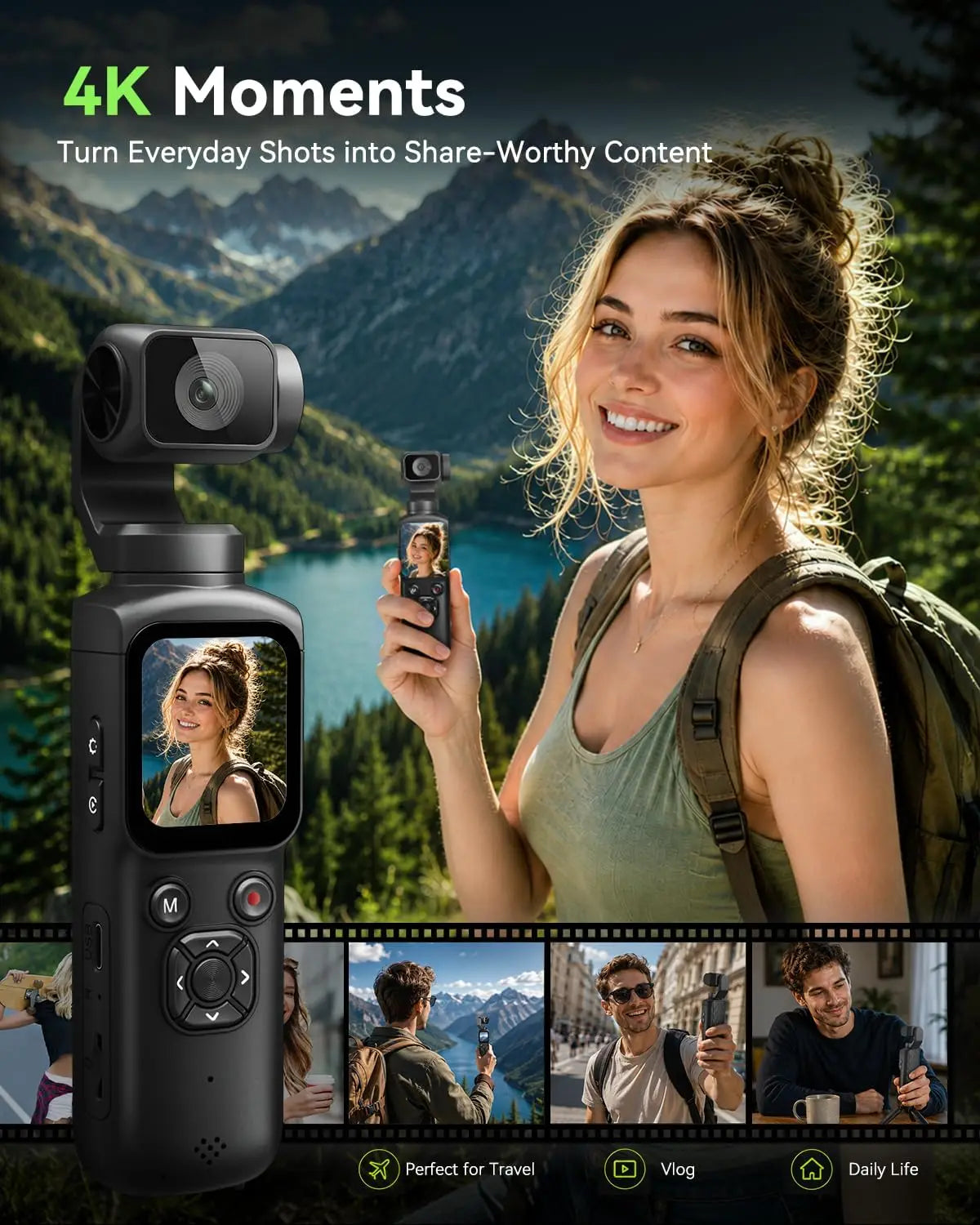 Caméra Vlog 4K Pocket – Rotation 330°, Suivi Facial, Gimbal & Écran Tactile 1,72" – CLEVI Paris