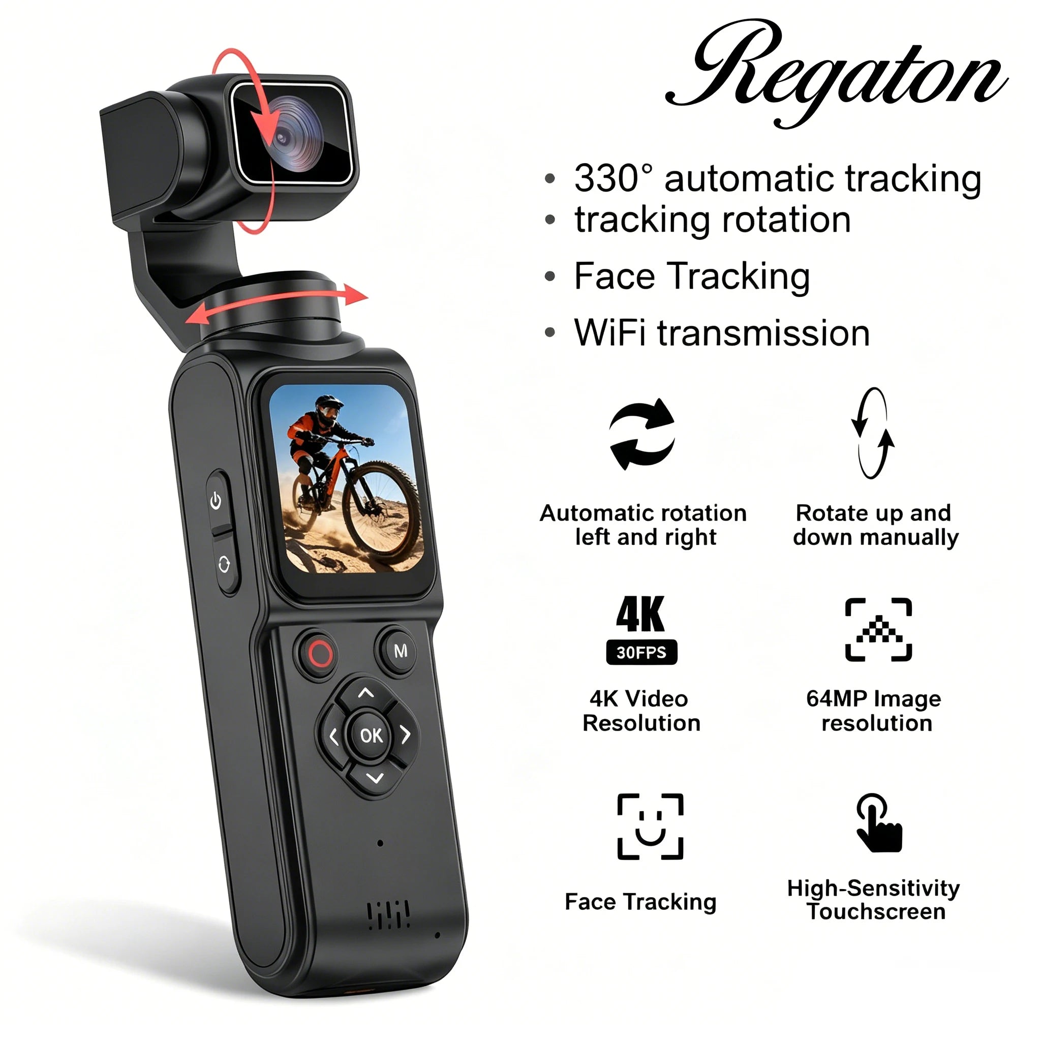 Caméra Action 4K 64MP Gimbal 330° Face Tracking Écran Tactile WiFi | Regaton Pocket