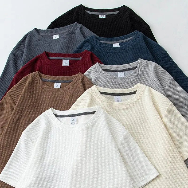 T-Shirt Waffle Homme Femme – Col Rond, Coupe Loose, Style Japonais Casual, Grande Taille