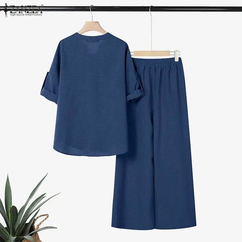 Ensemble 2 Pièces Femme Blouse Col V Manches Longues Demi-Boutonnée + Pantalon Large Taille Mi-Haute Élastique Casual Bohème Marron Clair Bleu Noir – CLEVI Paris