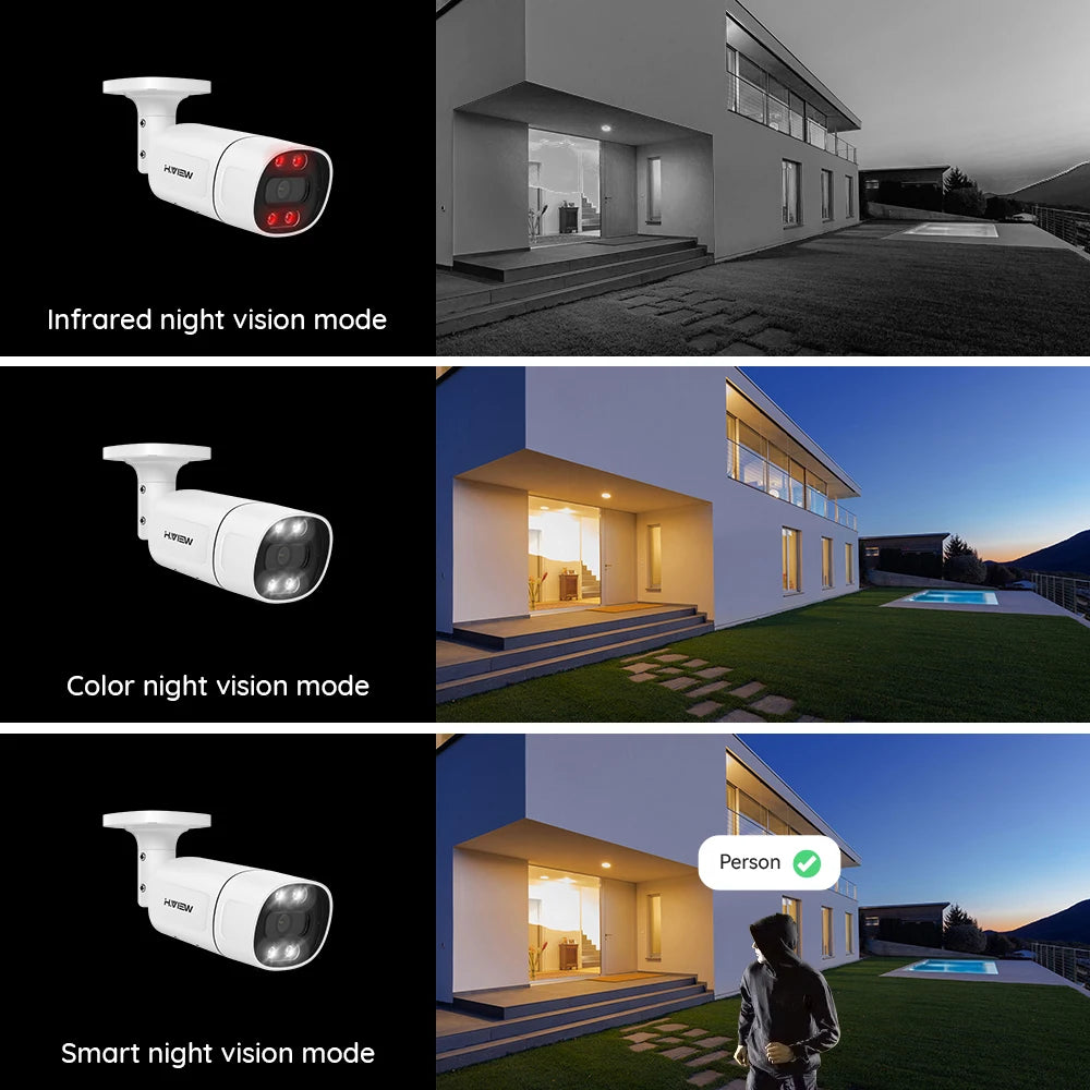 Kit Vidéosurveillance POE H.View 4K – Caméras 5MP/8MP, NVR 8CH H.265, Détection de Personnes, Vision Nocturne Couleur, Audio Bidirectionnel