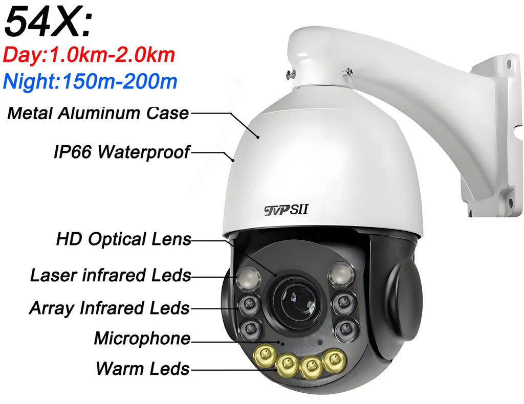 Caméra PTZ Speed Dome 4K 8MP Zoom Optique 54x – Laser IR 200m Vision Nocturne Couleur WiFi – CLEVI Paris
