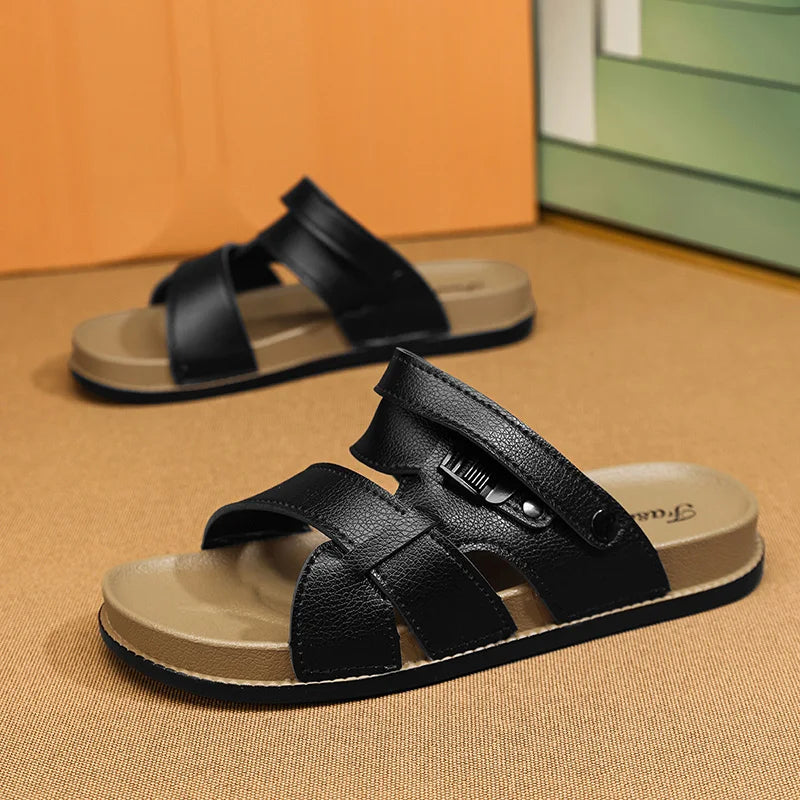 Sandales Homme Été – Cuir Synthétique, Boucle, Antidérapantes, Style Classique | Marron, Noir ou Blanc