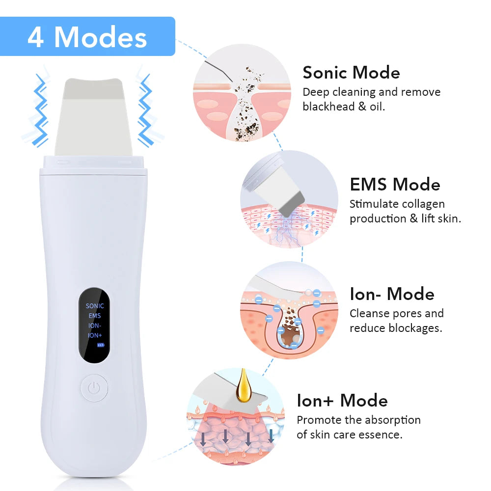 Spatule Ultrasonique Visage 4 Modes Nettoyage Profond Ions EMS Lifting – CLEVI Paris