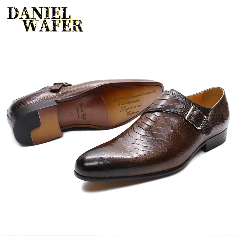 Mocassins Monk Strap Homme Cuir Vache Imprimé Serpent Respirant Talon 2,8cm Bureau Mariage – CLEVI Paris