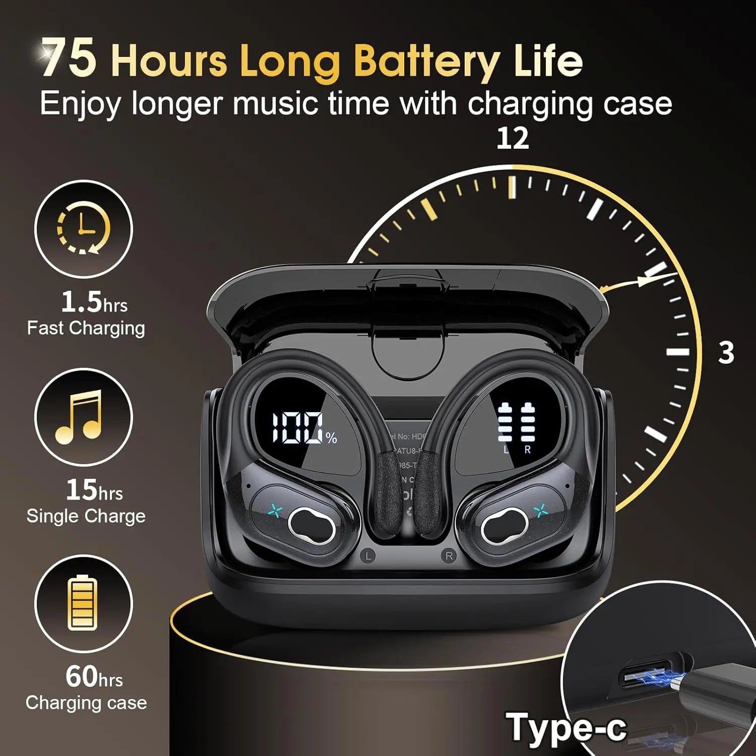 Écouteurs TWS GDLYL HD65 Bluetooth 5.4 HiFi Basses IPX7 75h LED ENC Sport – CLEVI Paris