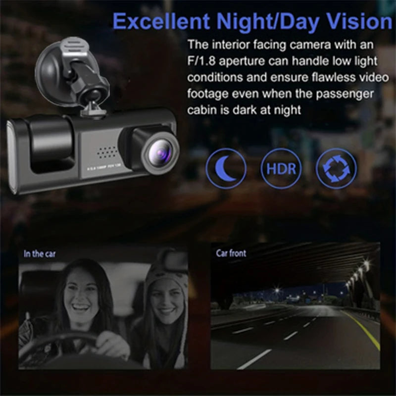 Dashcam 3 Objectifs 1080p – Écran IPS 2", Vision Nocturne IR, G-Sensor, Rétroviseur Intégré – CLEVI Paris