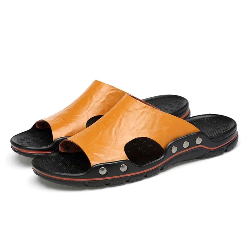 Sandales Homme Été – Slides EVA Ultra-Légères, Tige PU, Style Classique | Noir ou Marron Jaune