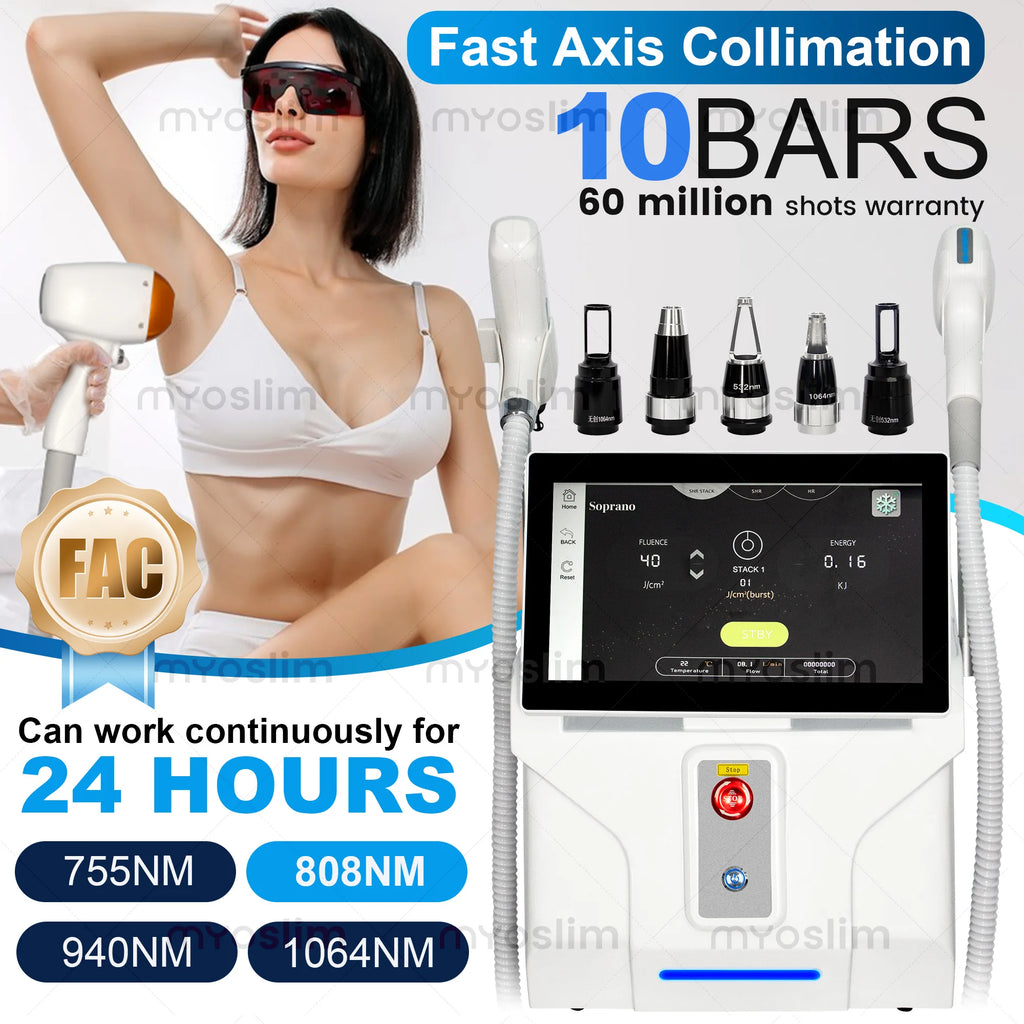 Machine 2-en-1 MYOSLIM 5000W Laser Diode FAC + Picoseconde | Épilation Définitive & Détatouage | 755-808-940-1064nm – CLEVI Paris