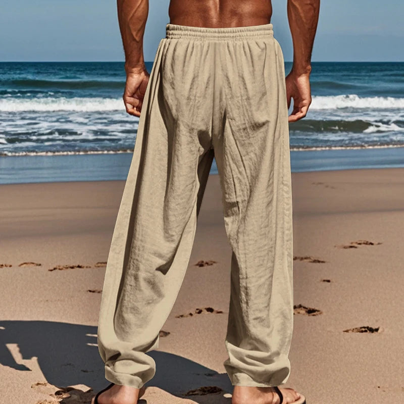 Pantalon Lin Homme Coupe Droite Ample Taille Élastique Cordon Léger Respirant Casual Plage Bureau Beige Noir Blanc – CLEVI Paris