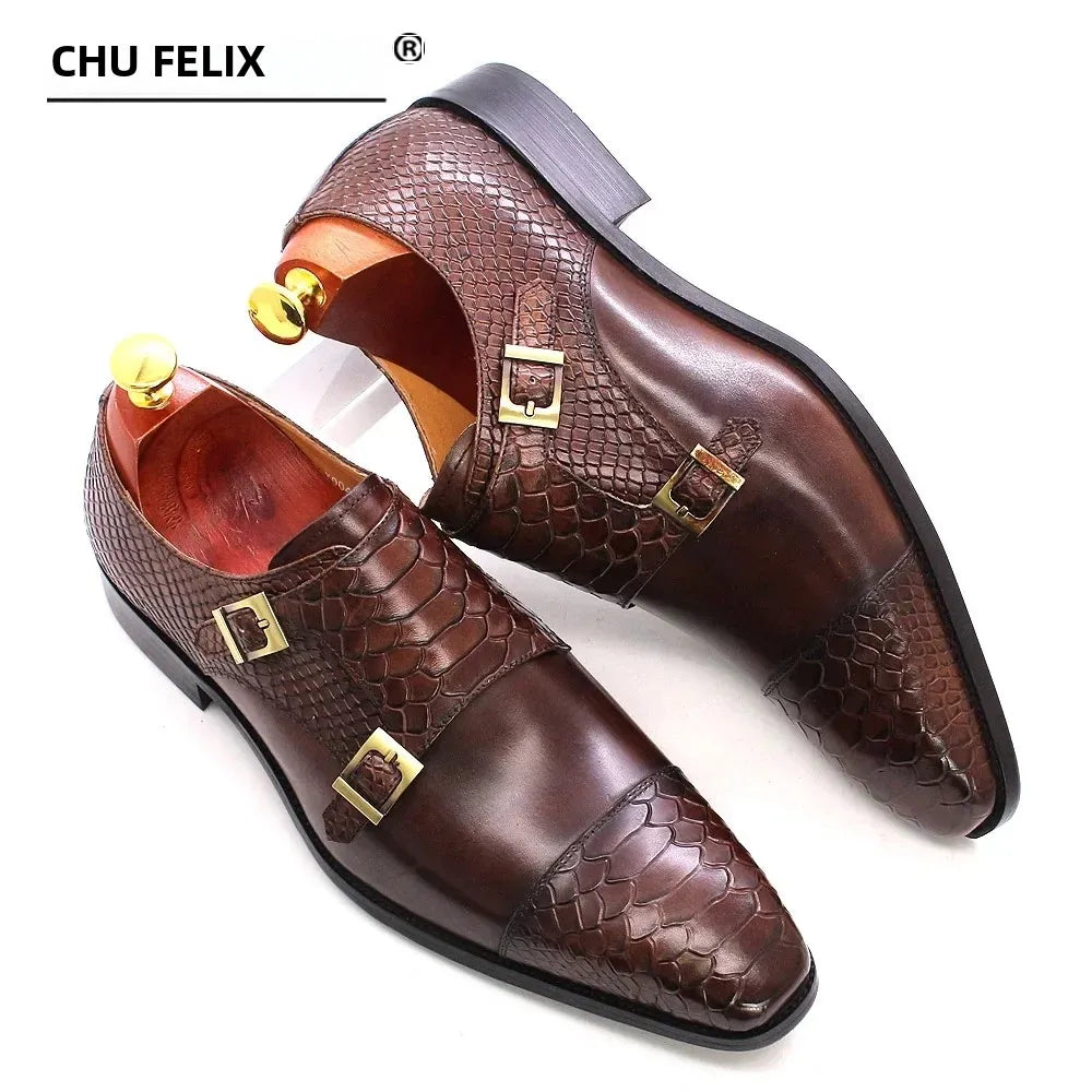 Chaussures Habillées Homme Cuir Véritable Felix Chu – Monk Strap Double Boucle Imprimé Python – CLEVI Paris