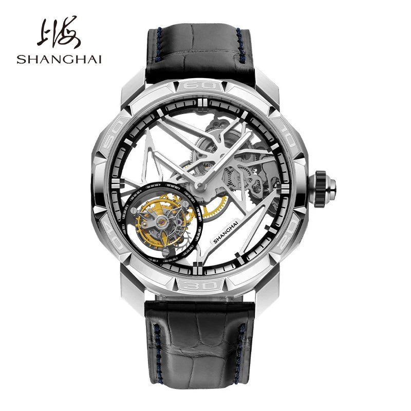 Montre Homme Manuel Tourbillon 7 Points Boîtier Octogonal Squelette Lumineux Alligator Shanghai Watch 23FB – CLEVI Paris