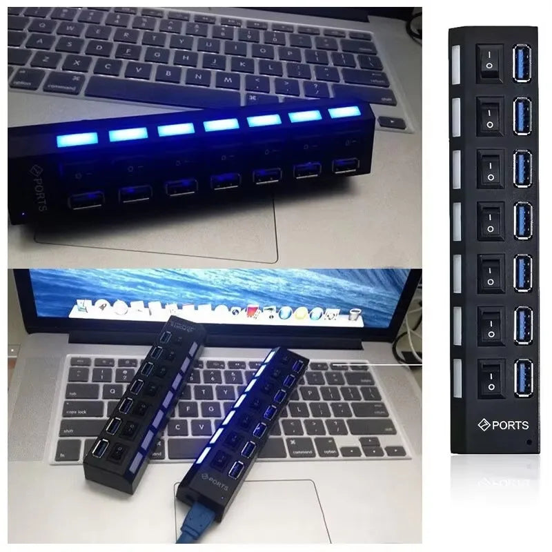 Hub USB 2.0 4 ou 7 Ports LED Interrupteurs Individuels Noir Blanc PC – CLEVI Paris