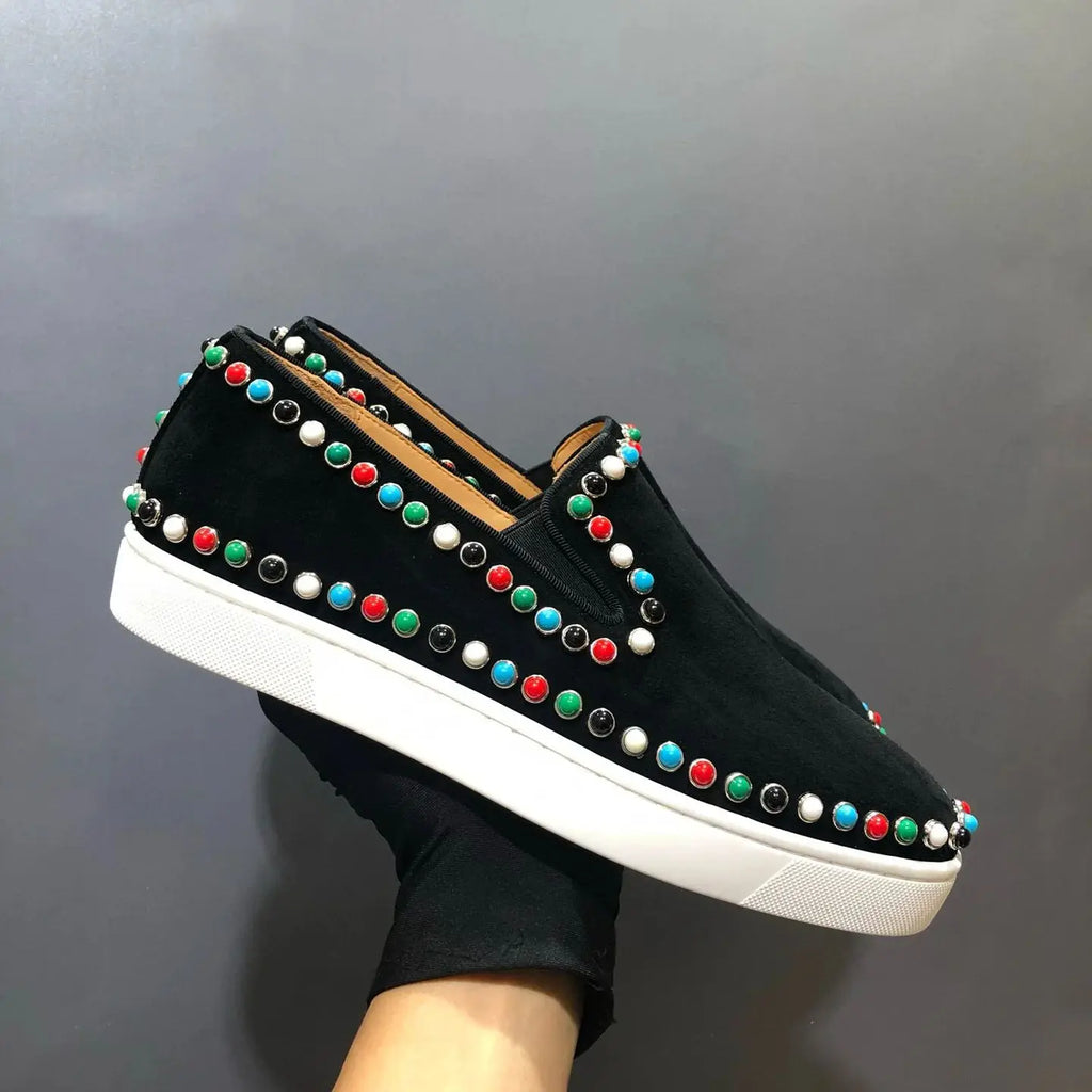 Sneakers Basses Luxe Homme Cuir Véritable Noir Semelle Rouge Rivets Colorés – CLEVI Paris