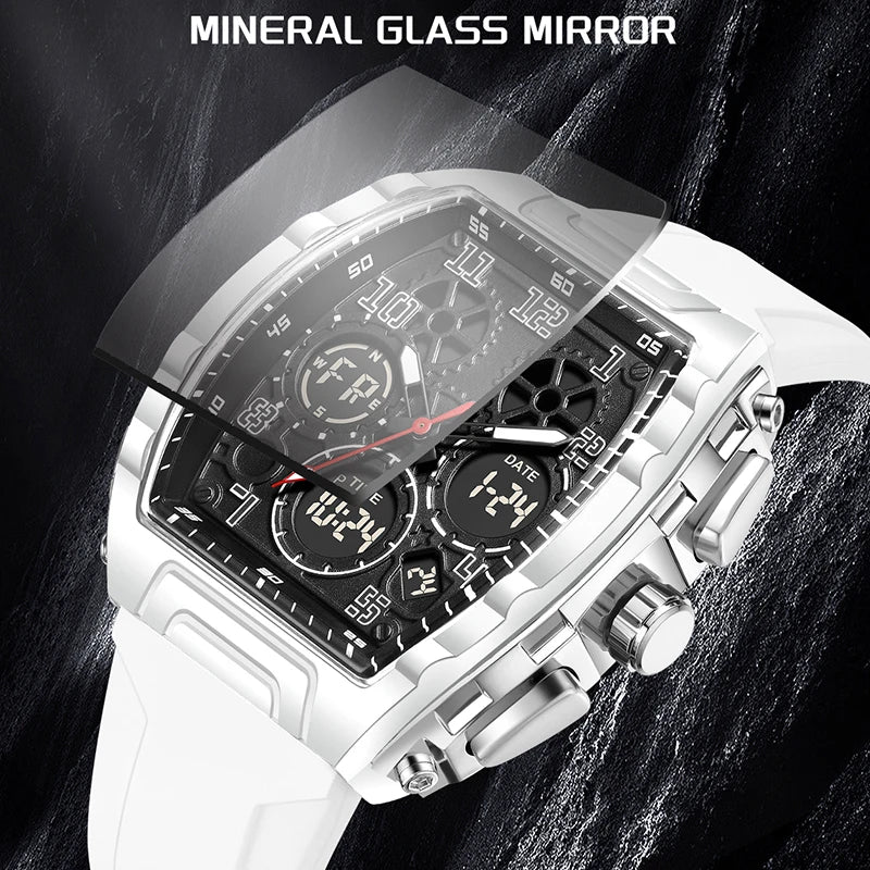 FOXBOX 0096 Montre Homme Quartz Digital Carrée Acier Silicone Chrono 50M – CLEVI Paris