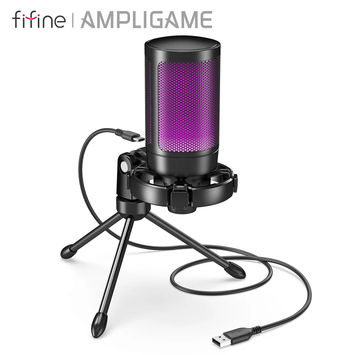 Microphone USB Gaming FIFINE AmpliGame A2 — RGB, Condensateur Cardioïde, Mute Tactile, Trépied | CLEVI Paris