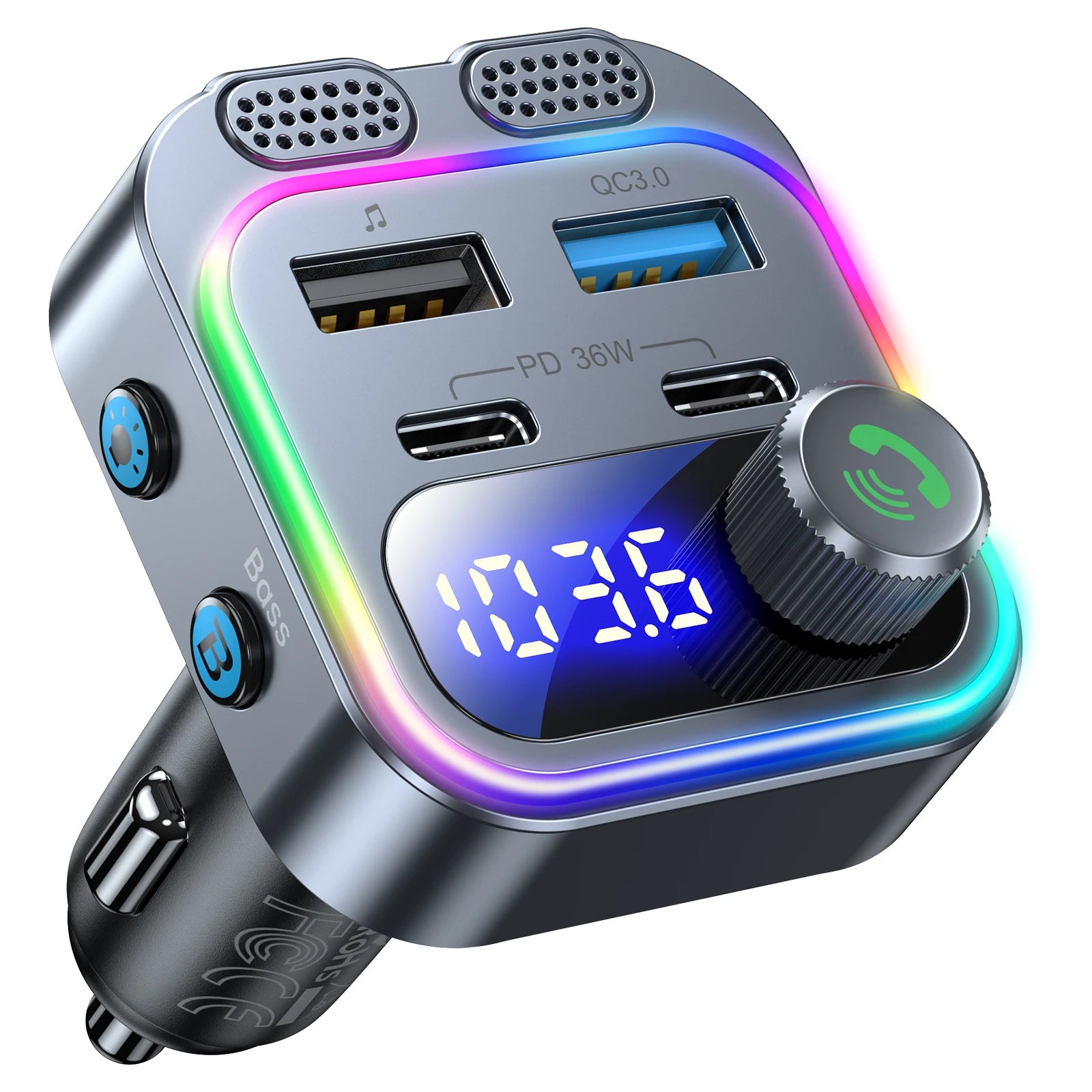 Émetteur FM Voiture 66W – Bluetooth 5.4 Charge Rapide Double PD 36W Double Micro Basses Profondes Mains Libres – CLEVI Paris