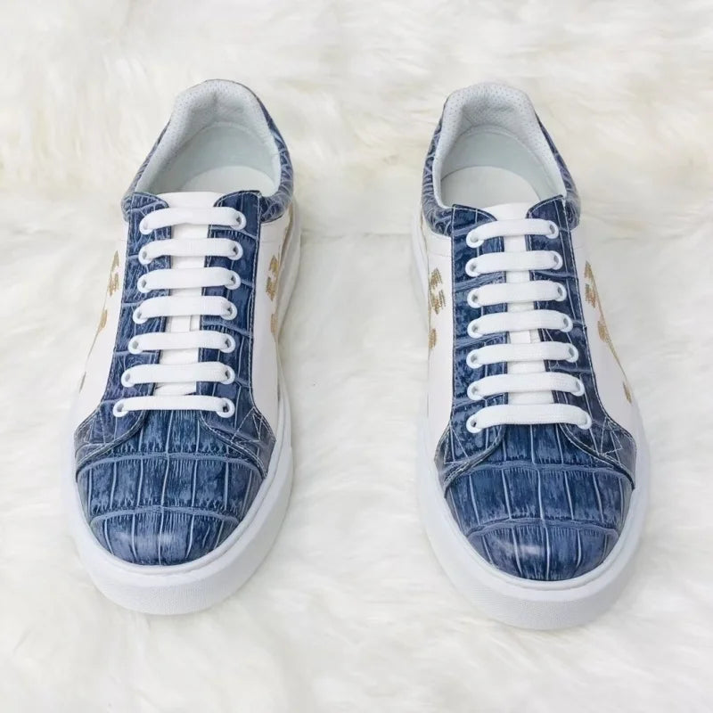 Chaussures Homme Luxe – Cuir Véritable Crocodile & Vachette, Lacets, Bicolore Blanc & Bleu | Édition Unique