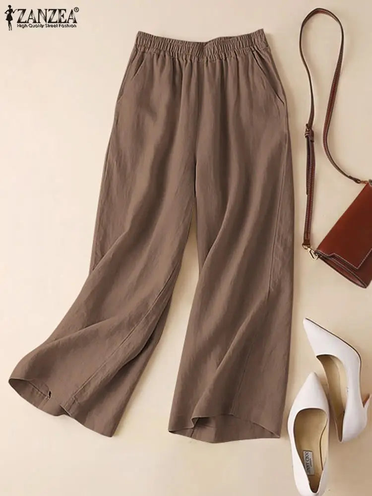 Pantalon Large Femme Coton Lin Taille Élastique – CLEVI Paris