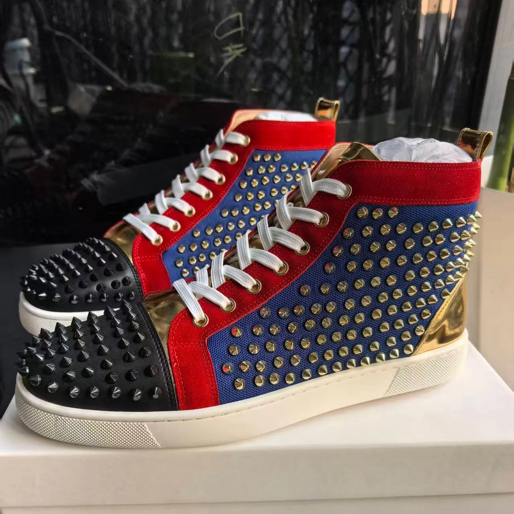 Sneakers Montantes Punk – Clous, Color Block Bleu Rouge & Or, Lacets | Femme & Homme
