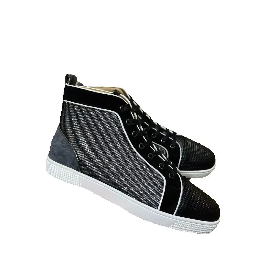 Sneakers Montantes Cuir Véritable Noir Pailleté Semelle Rouge Homme – Tailles 35-48 – CLEVI Paris