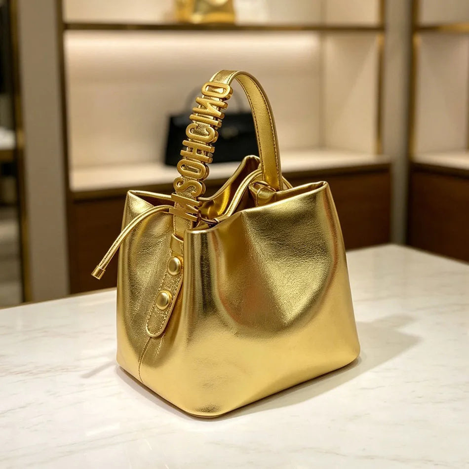 Mini Sac Seau Femme Simili Cuir Fermeture Cordon Lettre Dorée Bandoulière – CLEVI Paris